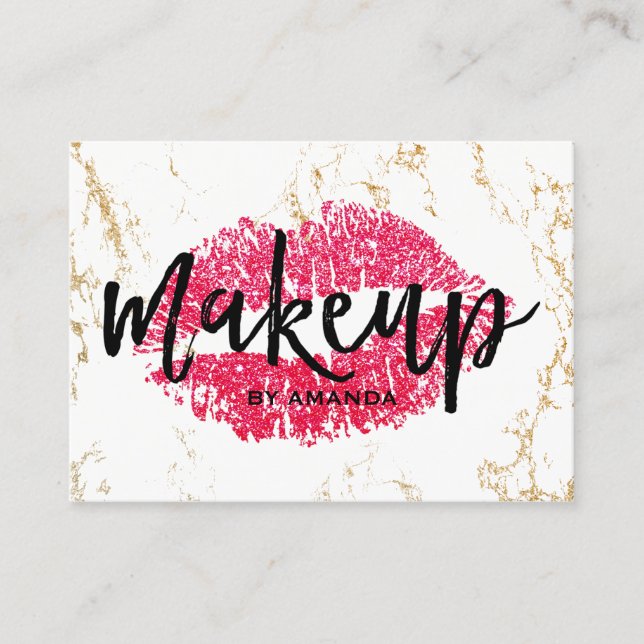 Makeup Artist Red Lips Gold White Marble Salon Business Card (Front)