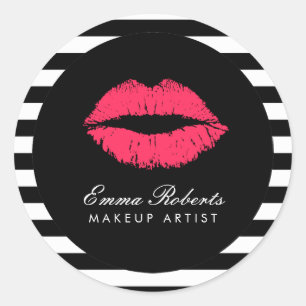 Makeup Artist Red Lips Modern Black White Stripes Classic Round Sticker