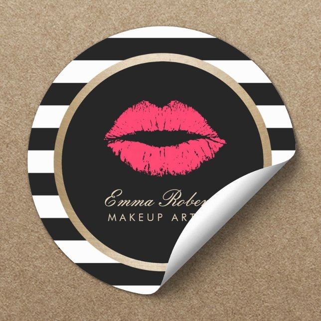 Makeup Artist Red Lips Modern Black White Stripes Classic Round Sticker (Creator Uploaded)