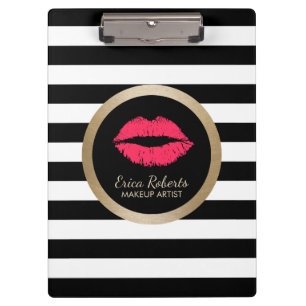 Makeup Artist Red Lips Modern Black White Stripes Clipboard