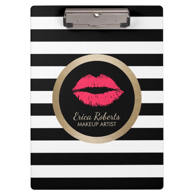 Makeup Artist Red Lips Modern Black White Stripes Clipboard (Front)