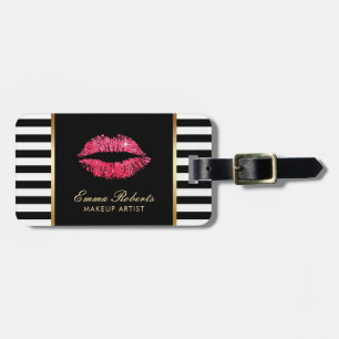 Makeup Artist Red Lips Modern Black White Stripes Luggage Tag