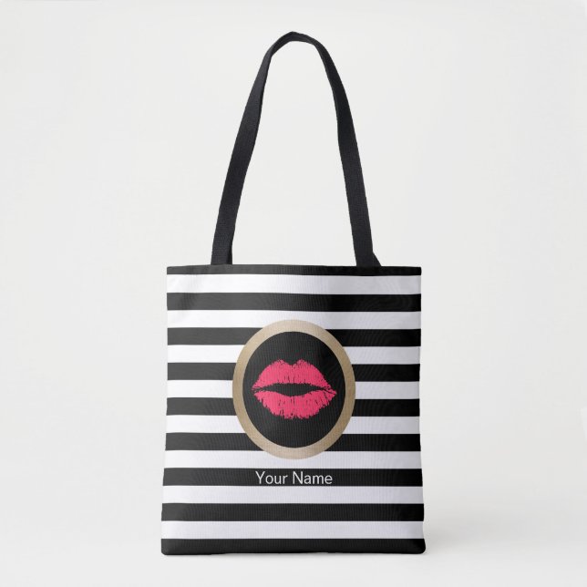 Makeup Artist Red Lips Modern Black White Stripes Tote Bag (Front)