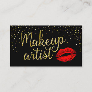 Makeup Artist Red Lips Modern Gold 3D Script Business Card