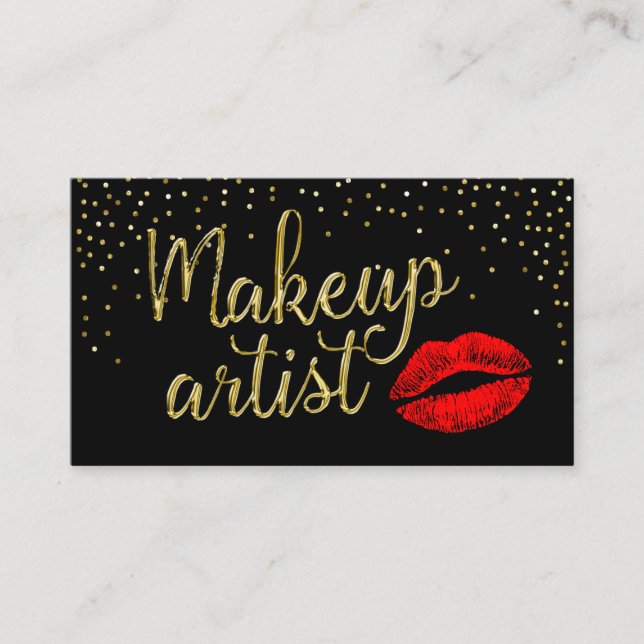 Makeup Artist Red Lips Modern Gold 3D Script Business Card (Front)