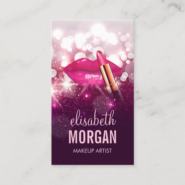 Makeup Artist Red Lips Pink Glitters Sparkling Business Card (Front)