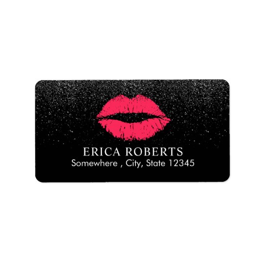 Makeup Artist Red Lips Trendy Black Glitter Salon Address Label