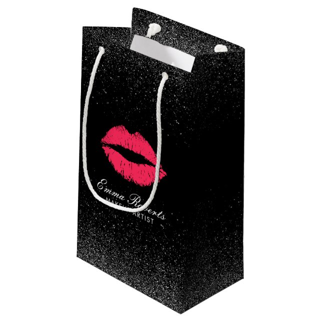 Makeup Artist Red Lips Trendy Black Glitter Salon Small Gift Bag (Back Angled)