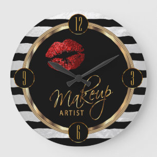 Makeup Artist Red Lips with White Stripes Large Clock