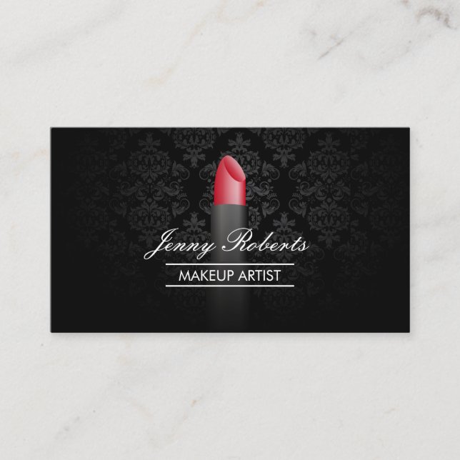 Makeup Artist Red Lipstick Elegant Damask Business Card (Front)