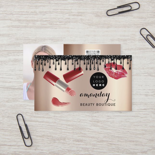 Makeup Artist Red Lipstick Rose Photo QR Logo Business Card (Front/Back In Situ)