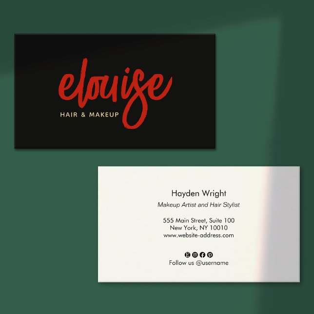 Makeup Artist Red Script on  Black Business Card (Creator Uploaded)