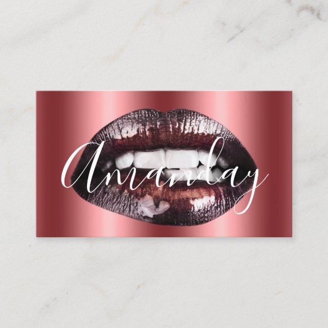 Makeup Artist Rose Brown Lips Logo QR Code Business Card (Front)