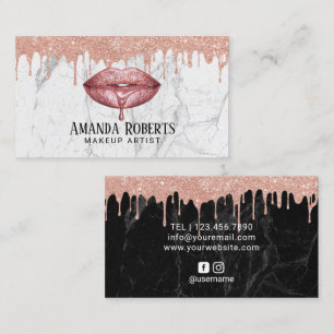 Makeup Artist Rose Gold Dripping Lips Chic Marble Business Card