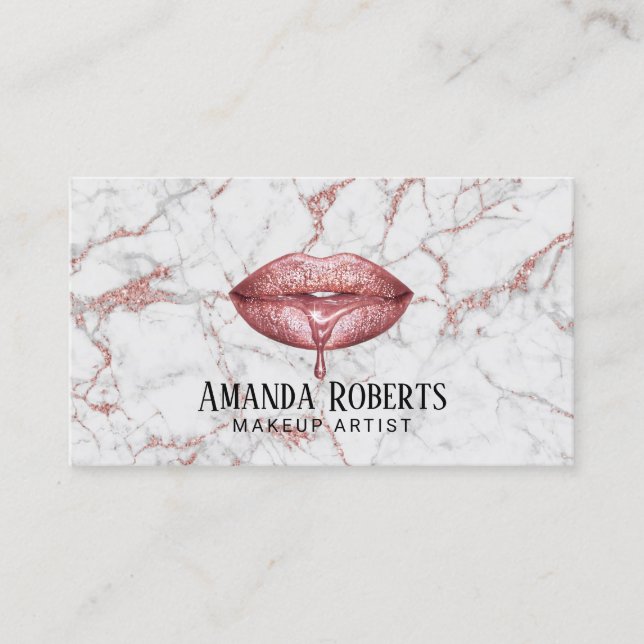 Makeup Artist Rose Gold Dripping Lips Marble Business Card (Front)