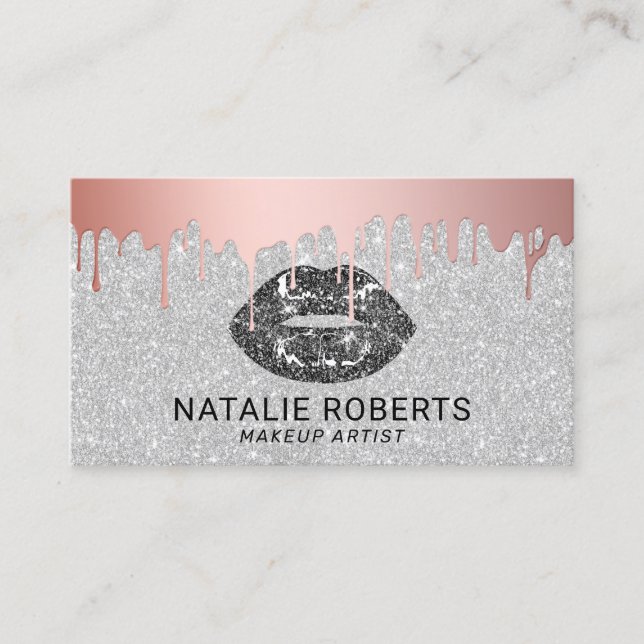 Makeup Artist Rose Gold Drips Black Lips Silver Business Card (Front)