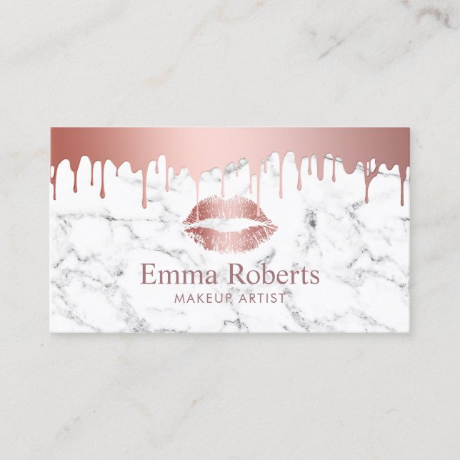 Makeup Artist Rose Gold Drips Marble Beauty Salon Business Card (Front)