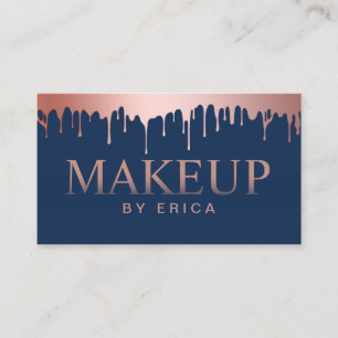 Makeup Artist Rose Gold Drips Modern Navy Blue Business Card