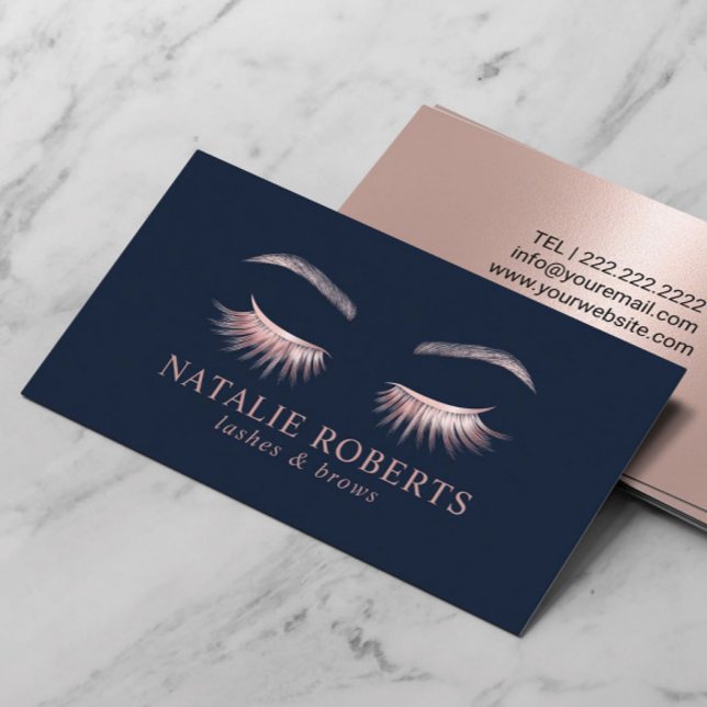 Makeup Artist Rose Gold Eyelash Beauty Salon Navy Business Card (Creator Uploaded)
