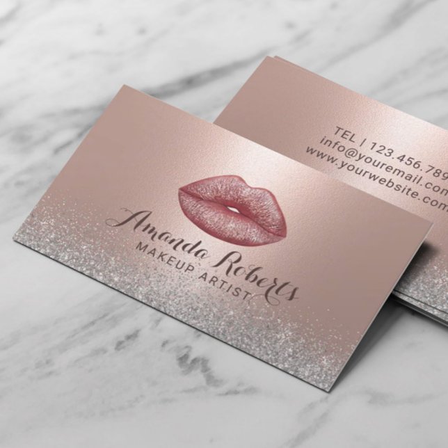 Makeup Artist Rose Gold Glam Lips Silver Glitter Business Card (Creator Uploaded)
