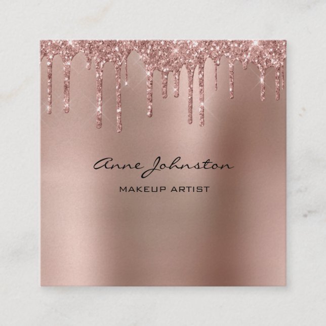 Makeup Artist Rose Gold Glitter and Sparkle Square Business Card (Front)