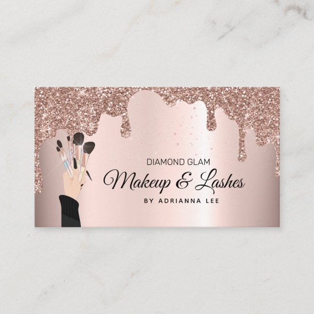 Makeup Artist Rose Gold & Glitter Beauty Salon Bus Business Card (Front)