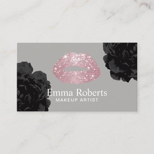 Makeup Artist Rose Gold Glitter Lips Black Floral Business Card (Front)