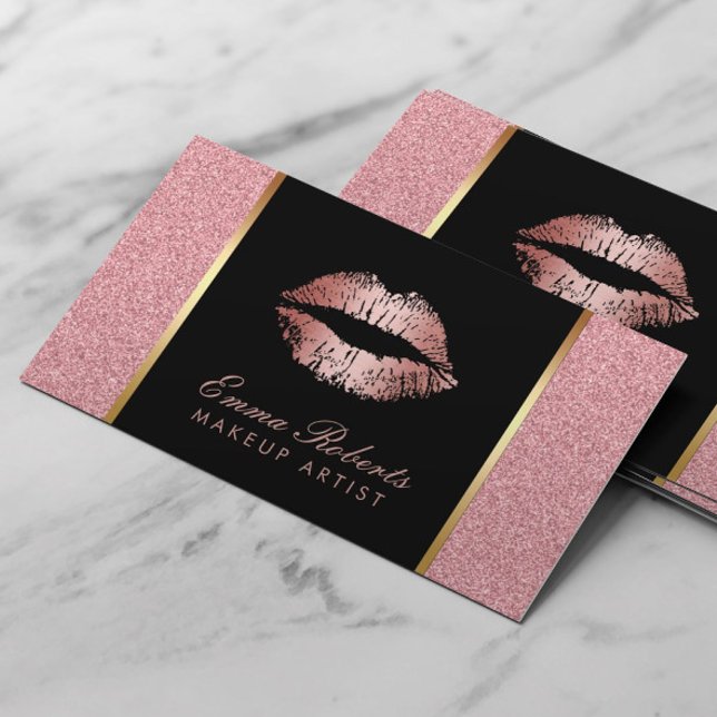 Makeup Artist Rose Gold Glitter Lips Modern Salon Business Card (Creator Uploaded)