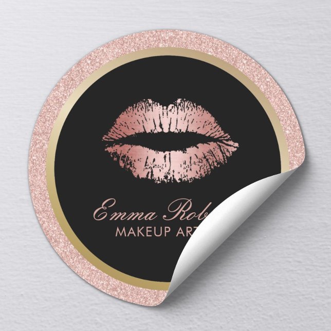Makeup Artist Rose Gold Glitter Lips Modern Salon Classic Round Sticker (Creator Uploaded)