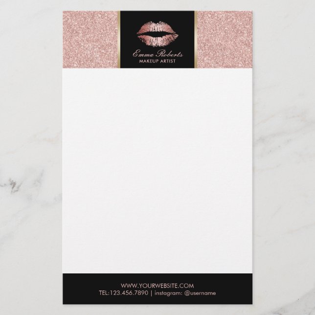 Makeup Artist Rose Gold Glitter Lips Modern Salon Stationery (Front)