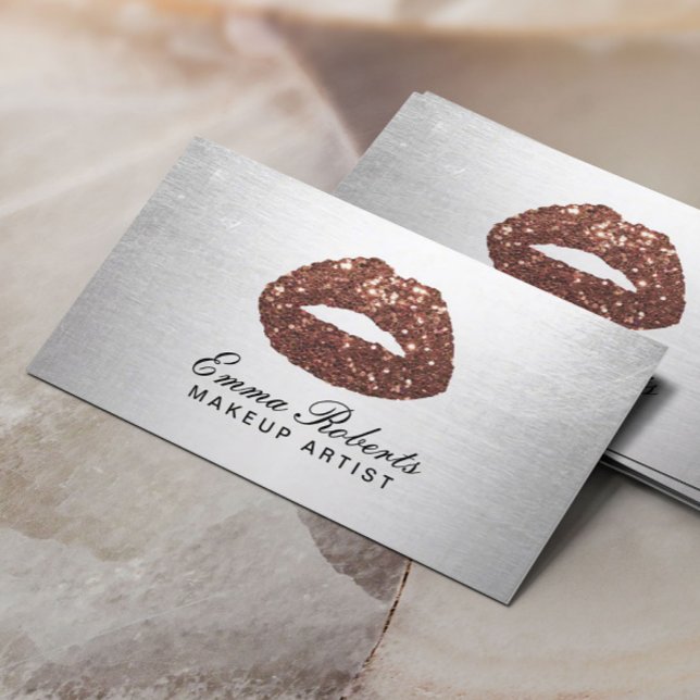 Makeup Artist Rose Gold Glitter Lips Modern Silver Business Card (Creator Uploaded)