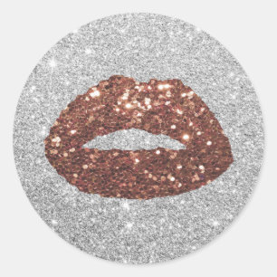Makeup Artist Rose Gold Glitter Lips Modern Silver Classic Round Sticker