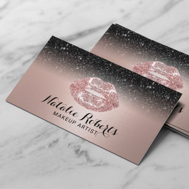 Makeup Artist Rose Gold Lips Black Glitter Salon Business Card (Creator Uploaded)