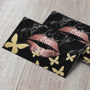 Makeup Artist Rose Gold Lips & Gold Butterflies Business Card