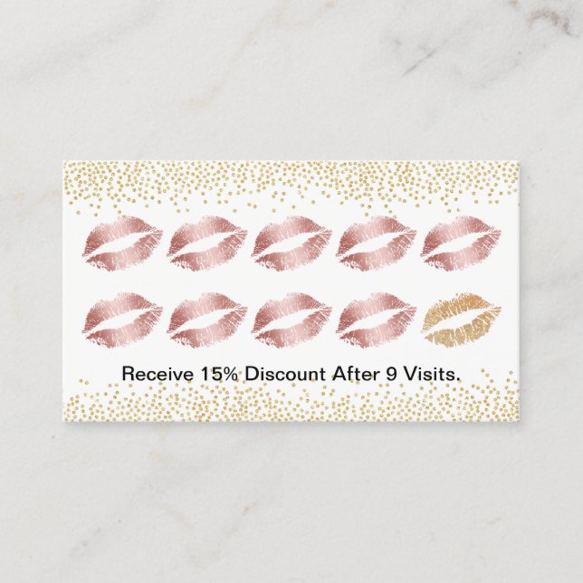 Makeup Artist Rose Gold Lips Gold Confetti Loyalty Card (Front)