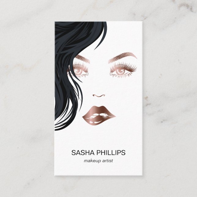 Makeup Artist Rose Gold Lips Lashes Eyes Trendy Business Card (Front)