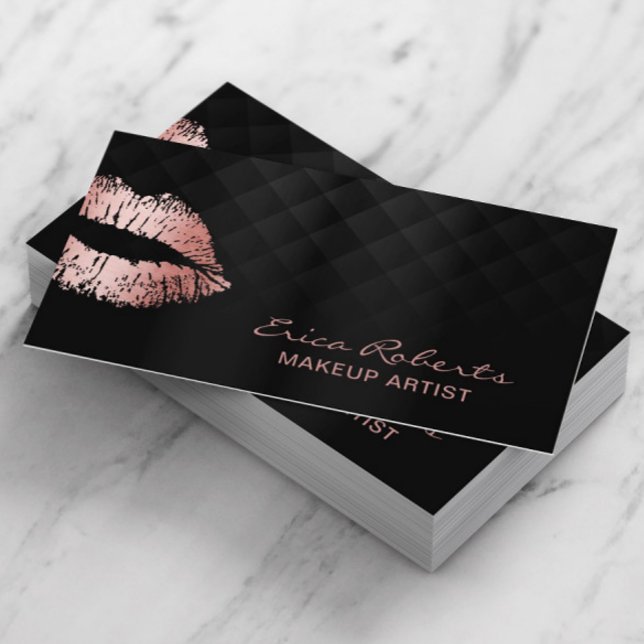 Makeup Artist Rose Gold Lips Luxury Black Salon Business Card (Creator Uploaded)