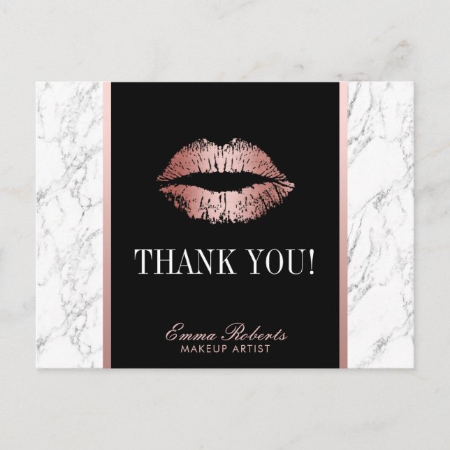 Makeup Artist Rose Gold Lips Marble Thank You Postcard (Front)