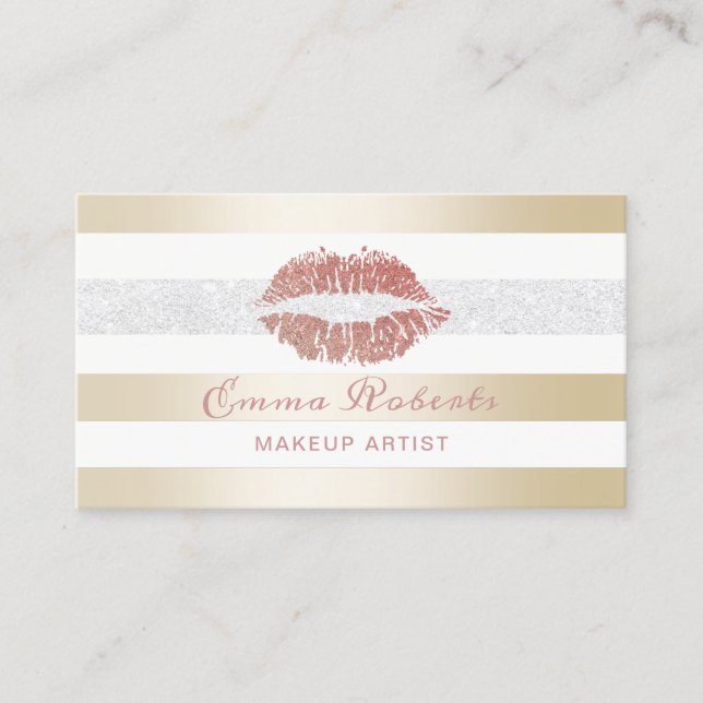Makeup Artist Rose Gold Lips Modern Gold Stripes Business Card (Front)