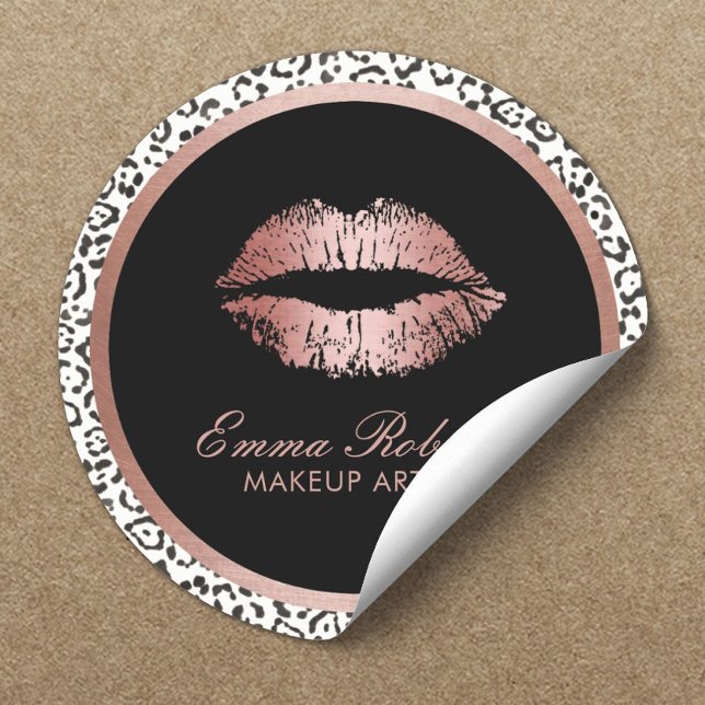 Makeup Artist Rose Gold Lips Modern Leopard Print Classic Round Sticker (Creator Uploaded)