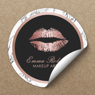 Makeup Artist Rose Gold Lips Modern Marble Classic Round Sticker