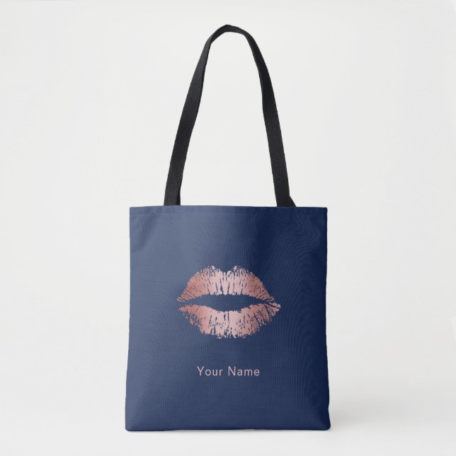 Makeup Artist Rose Gold Lips Modern Navy Blue Tote Bag (Front)