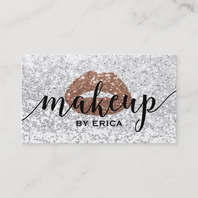 Makeup Artist Rose Gold Lips Modern Silver Sequins Business Card (Front)
