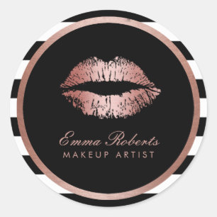Makeup Artist Rose Gold Lips Modern Stripes Classic Round Sticker