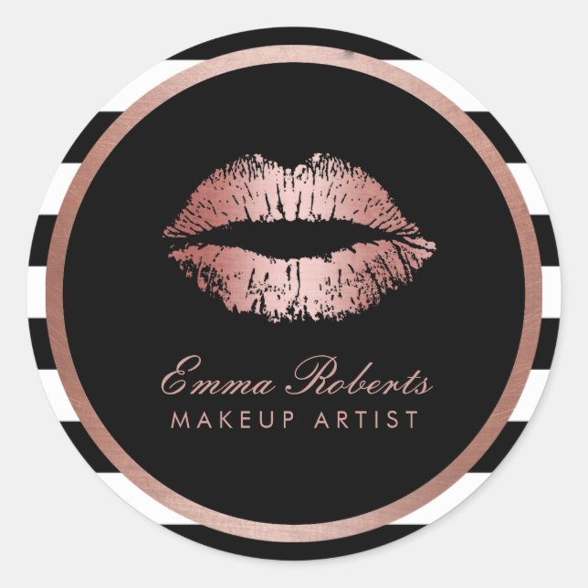 Makeup Artist Rose Gold Lips Modern Stripes Classic Round Sticker (Front)