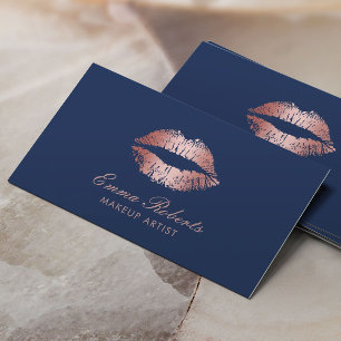 Makeup Artist Rose Gold Lips Navy Blue Salon Business Card