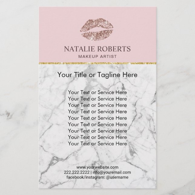 Makeup Artist Rose Gold Lips Pink Marble Salon Flyer (Front)