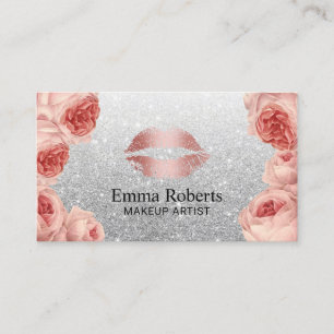 Makeup Artist Rose Gold Lips Silver Glitter Floral Business Card