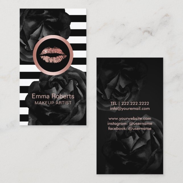 Makeup Artist Rose Gold Lips Stripes Black Floral Business Card (Front/Back)