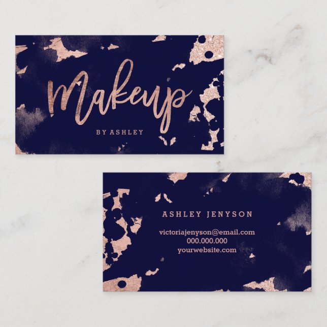 Makeup artist rose gold navy blue watercolor business card (Front/Back)